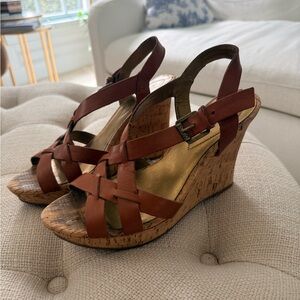Guess Brown Leather Cork Wedge Sandals